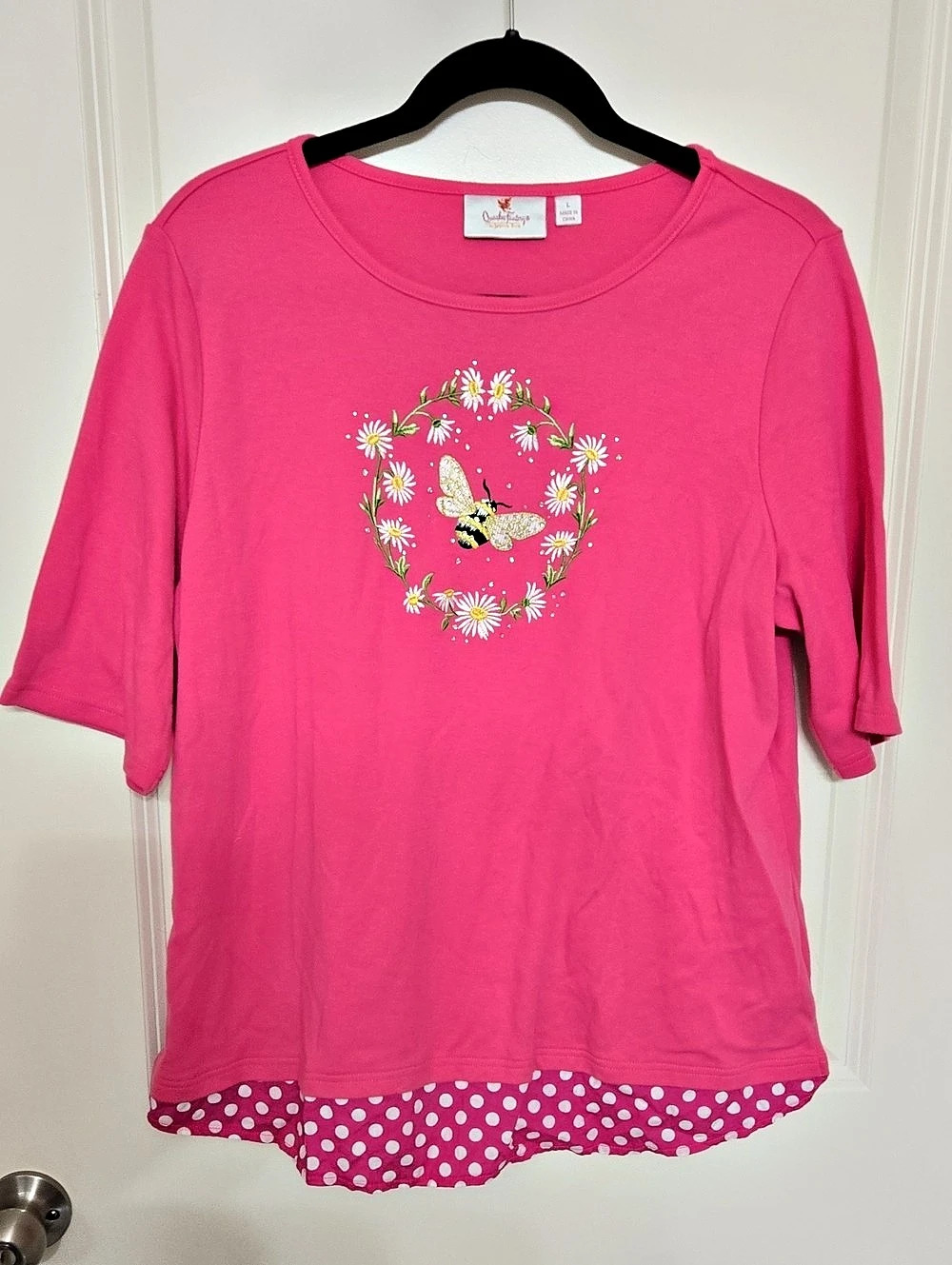 Quacker Factory Springtime Embellished Top with Polka Dot Hem Pink Size Large